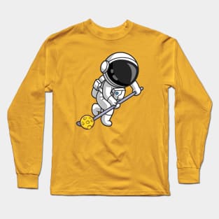 Cute Astronaut Playing Hockey Moon Cartoon Long Sleeve T-Shirt